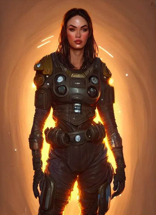 Image similar to portrait of apex legends megan fox, intricate, elegant, glowing lights, highly detailed, digital painting, artstation, glamor pose, concept art, smooth, sharp focus, illustration, art by artgerm and greg rutkowski, artey freytag