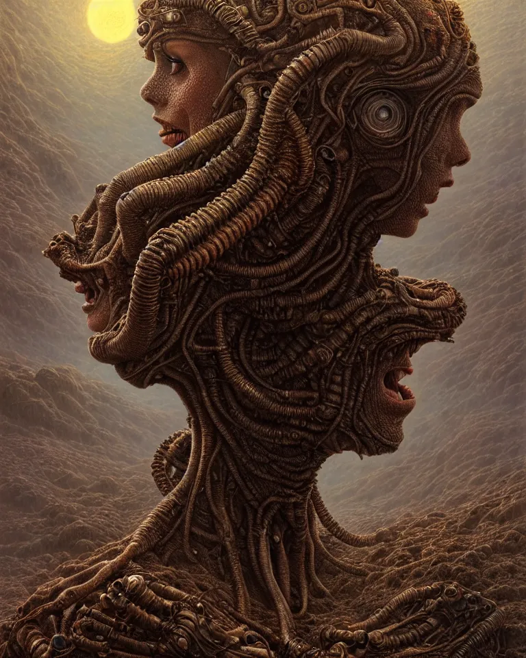 Image similar to ultra realist intricate detailed portrait of a single rugged attractive female on an alien landscape, insanity, accurate features, apocalyptic, very intricate details, 8 k resolution, dim lighting, volumetric lighting, artstyle zdzisław beksinski and keith thompson, award winning