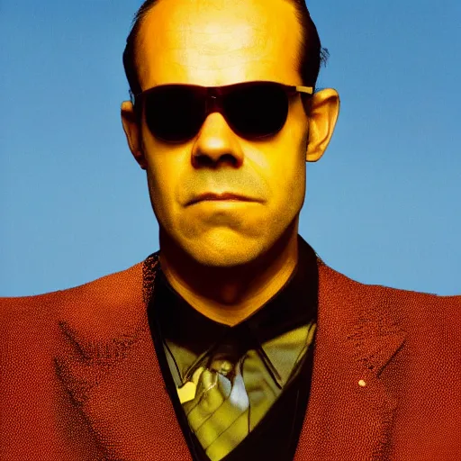 Prompt: a portrait of agent smith wearing sunglasses with orange background scenery by juergen teller, iris van herpen