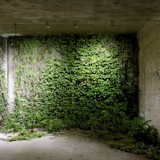 Prompt: an abandoned room in a concrete building, overgrown plants, dreamy, overcast, by hans bellmer