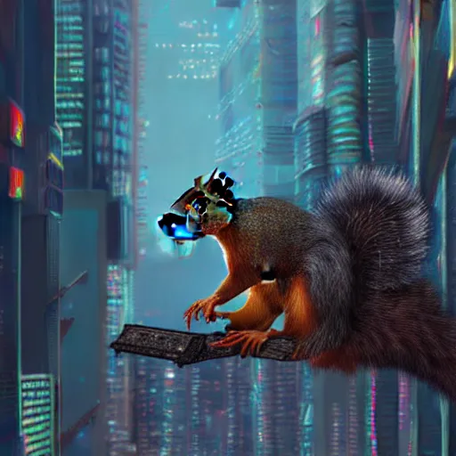 Prompt: a highly detailed long shot photo, cyberpunk giant rabid squirrel, intricate, digital painting, artstation, intricate, concept art, smooth, sharp focus