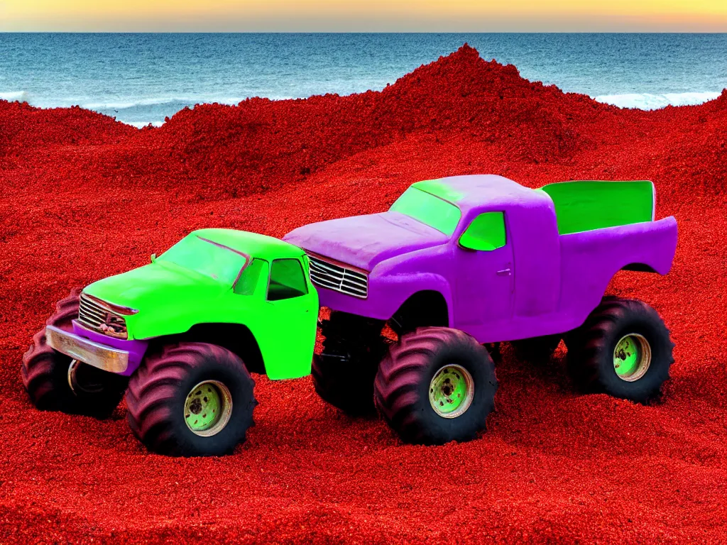 Image similar to purple monster truck, red sand beach, green ocean, nebula sunset