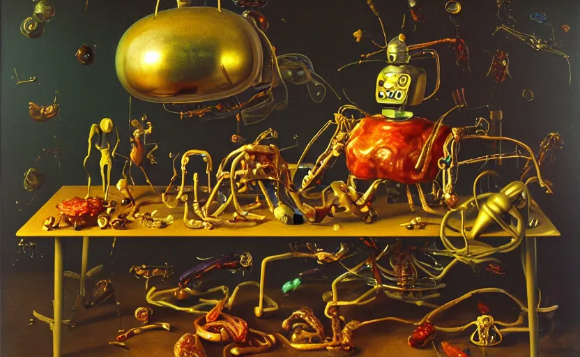 Image similar to strange robot body, disturbing colorful oil painting dutch golden age vanitas still life sparse composition with bizarre objects strange gooey transparent surfaces shiny metal reflections bizarre mutant meat insects rachel ruysch dali todd schorr very detailed perfect composition rule of thirds masterpiece canon 5 0 mm, cinematic lighting, photography, retro, film, kodachrome