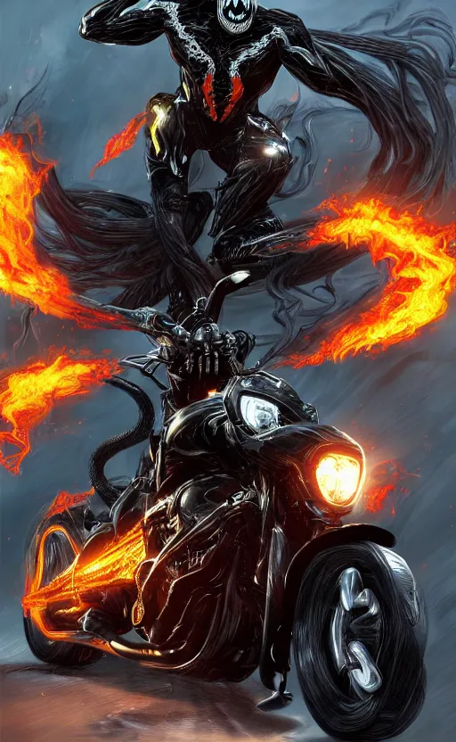 Image similar to venom as ghost rider on a motorcycle, dynamic lighting, photorealistic fantasy concept art, trending on art station, stunning visuals, terrifying, creative, cinematic