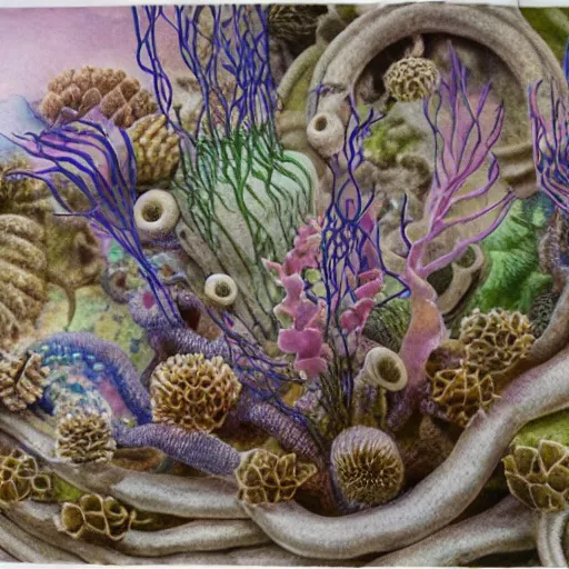 Image similar to delicate coast sea garden on paper, spirals, stony, puffy, vines, botanical herbarium, botanic watercolors, iridescent, 8 k wide angle, realistic shaded, fine details, artstation, italian, rainbow, colonnade, oak, pinecone, pomegranade, vines, gardena architecture, pompeian, sicilian