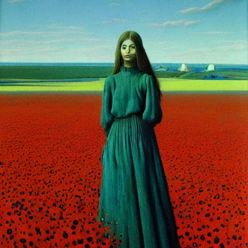 Image similar to a painting of a girl standing in a field of poppies by zdzisław beksiński