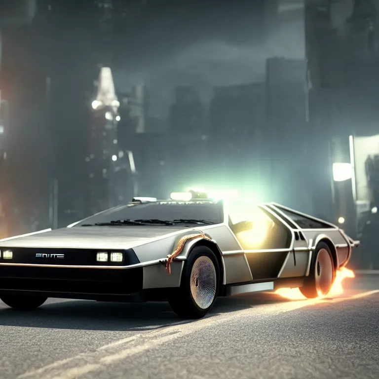 Prompt: a cinematic shot of a bttf delorean, bttf delorean, mr fusion, octane render, volumetric lighting, nvidia raytracing demo, by Andy Thomas, Mario Martinez, Daniel Mirante, Gustave Dore, Artstation, CGsociety, masterpiece