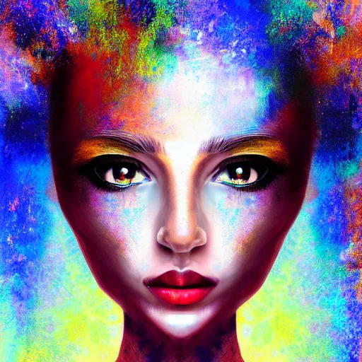 Image similar to painting of a beautiful woman's face, doorway to another world in the middle of her forehead, digital art