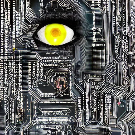 Prompt: a face covered in computer circuits, scifi, bladerunner, cyberpunk, heavy ink, yellow, very detailed eyes, 8 k resolution, by wlop, greg rutkowski