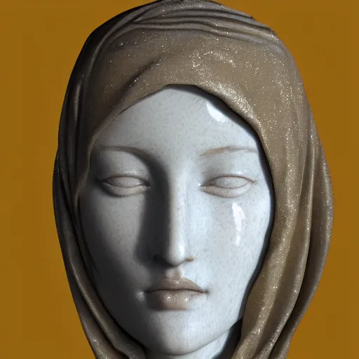 Prompt: a marble sculpture of the veiled virgin, subsurface scattering, !face, !female, covered in intricate !!detailed golden streaked veil , physically based rendering, photo realistic, top light , dark background