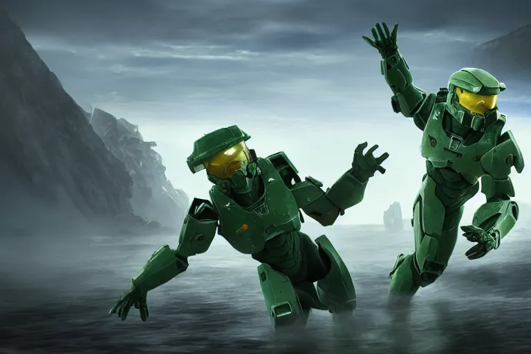 Prompt: a photo of master chief and squidward fighting each other, photorealistic, hd, 8 k