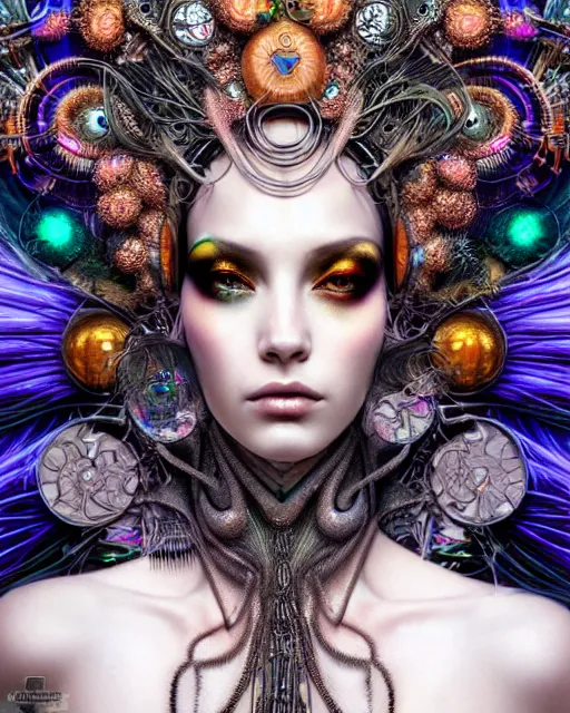 Prompt: hyperrealistic detailed portrait of a beautiful goddess in a cyber headdress, intricate cyberpunk make - up, art by android jones, ernst haeckel, nekro borja, alphonso mucha, h. r. giger, ornamental gothic - cyberpunk,