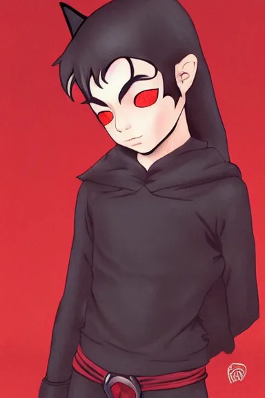 Image similar to little boy with cat ears in an black outfit with red cape. digital artwork made by lois van baarle and kentaro miura and marc simonetti, sharpness focus, inspired by hirohiko araki, anatomically correct, heroic composition, hero pose, smooth. red and black