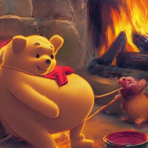 Prompt: close up of winnie the pooh spit roasting a whole pig over a fire, cinematographic shot, by daniel f. gerhartz