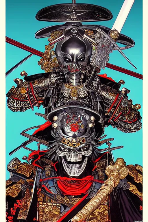 Image similar to poster of crazy skeletor samurai with japanese armor and helmet, by yoichi hatakenaka, masamune shirow, josan gonzales and dan mumford, ayami kojima, takato yamamoto, barclay shaw, karol bak, yukito kishiro