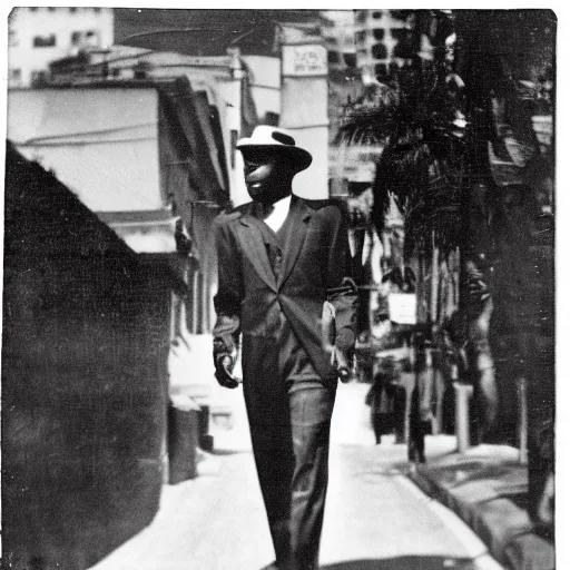 Prompt: vintage photo of a black man wearing a black suit in rio de janeiro