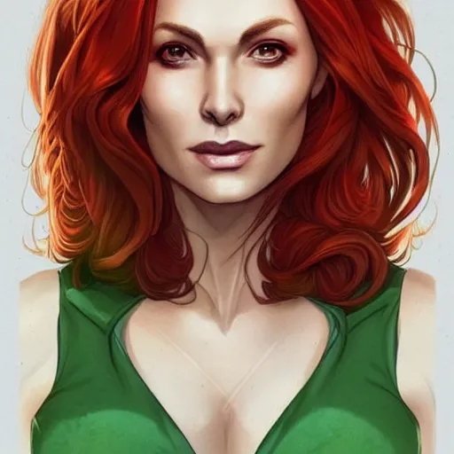 Prompt: Portrait of Jean Grey, a beautiful woman in her 30s, with red hair and green eyes, symmetrical face, detailed face, delicate features, warm and gentle smile, artstation, graphic novel, art by by Ardian Syaf,