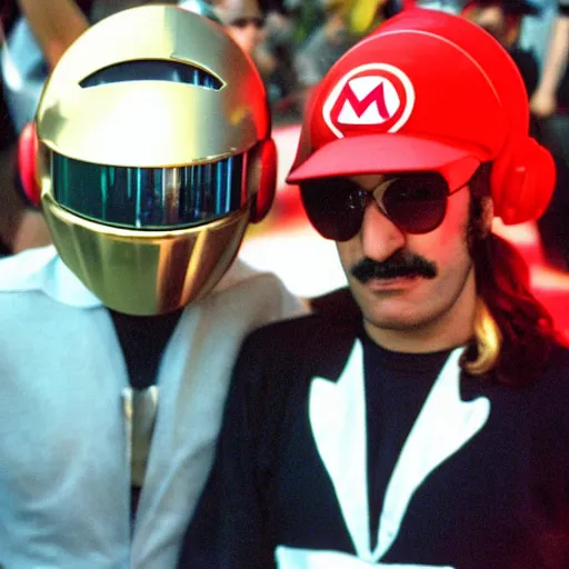 Image similar to Super Mario Brothers as Daft Punk headlining an EDM festival in Sweden, 2004, outdoor rave, crowd shot