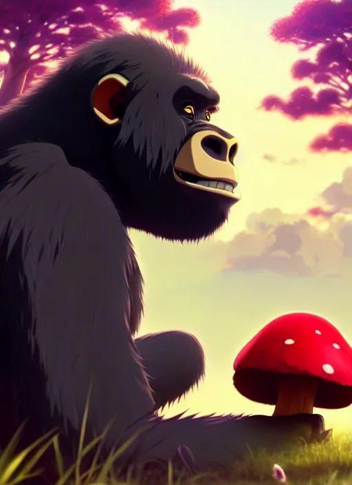 Image similar to anime gorilla holding a very small red mushroom, big smile on face, sunny sky background, lush landscape, illustration concept art anime key visual trending pixiv fanbox by wlop and greg rutkowski and makoto shinkai and studio ghibli and kyoto animation, symmetrical facial features, black shirt,