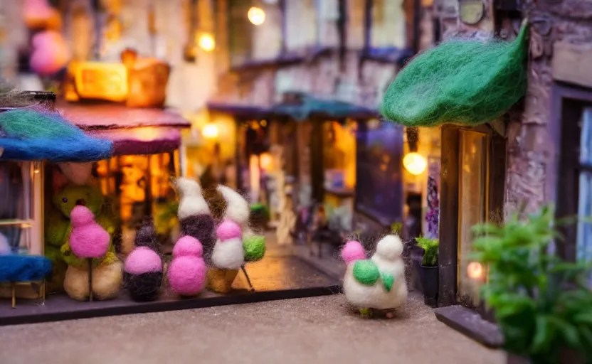 Image similar to miniature cafe diorama macro photography, cafe with felted bunnies, alleyway, ambient, atmospheric, british, cozy, bokeh, romantic, colorful lanterns