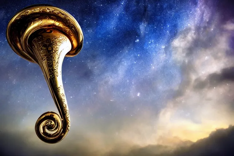 Prompt: intricate filigreed tuba cloud sculpture, art nouveau environment, surreal, milky way, award winning art, epic dreamlike fantasy landscape, ultra realistic,