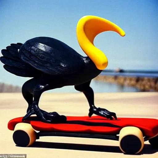 Image similar to a dodo with a gold chain around its neck, on a hover board at a skate park near the beach, 1990s cartoon