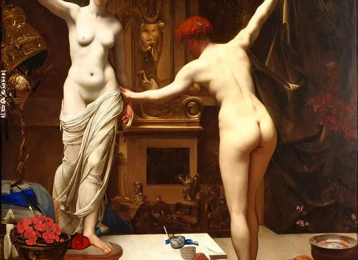 Image similar to a painter in his studio painting a picture of venus de milo by edgar maxence and caravaggio and michael whelan and delacroix style, artistic, intricate painting, cinematic lighting, hyper realistic, extremely detailed, establishing shot, 8 k resolution, dramatic lighting