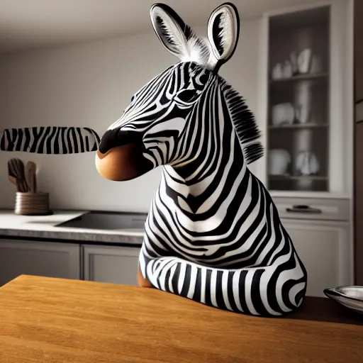 Prompt: Smiling zebra doing the dishes, Kitchen, Cinecolor, 32k, Ray Tracing Global Illumination