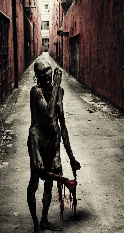 Image similar to lonely cannibal in alleyway, skinny and hunry with black tatterd clothing and bloody fingers at night, eating a piece of meat, horror, gothic, lovecraftian, 4 k, realistic, high detail, gruesome