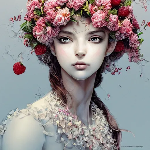 Image similar to the portrait of an absurdly beautiful, graceful, elegant, chaste, young woman made of strawberries and white petals looking up, an ultrafine detailed illustration by kim jung gi, irakli nadar, intricate linework, bright colors, octopath traveler, final fantasy, angular, unreal engine 5 highly rendered, global illumination, radiant light, detailed and intricate environment