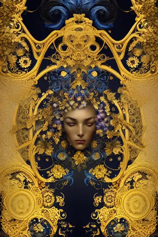 Image similar to beautiful black blue yellow, complicated gold and blue flowers in baroque style decoration, dark fantasy, intricate, elegant, highly detailed, digital painting, artstation, concept art, matte, 3 d 8 k octane rendered, sharp focus, illustration, octane rendered, art by artgerm and alphonse mucha, leesha hannigan