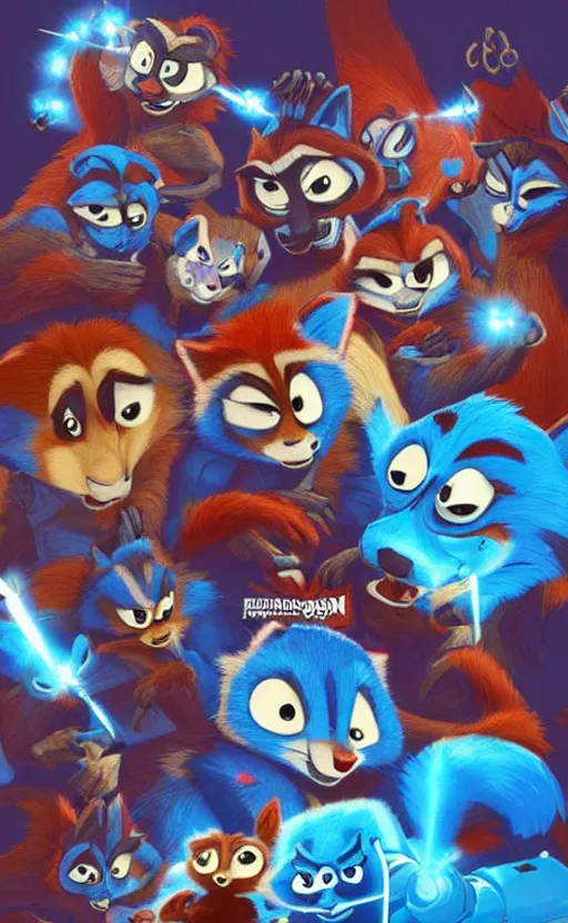 Image similar to “red racoons facing off with blue racoons in the style of zootopia, they’re all holding a laser gun”