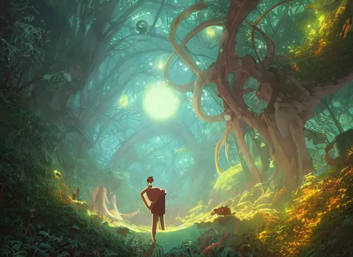 Prompt: time does not exist anymore, open ceiling, overgrown vegetation, golden curve composition, animation portrait concept art, style of makoto shinkai, xision, james jean and peter mohrbacher, studio ghibli, artgerm, karol bak, dan mumford, 4 k hd, animation style