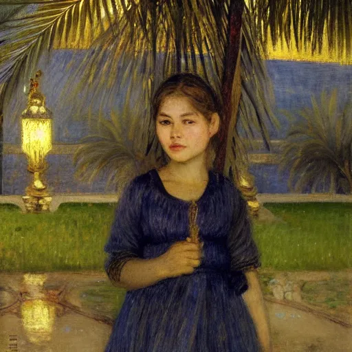 Prompt: a ultradetailed beautiful painting of a girl at night on the amazonas palace by jules bastien - lepage, hans belmer, frank weston and gustave baumann, trending on artstation, mediterranean, palm trees, light sparkles, sharp focus, soft light