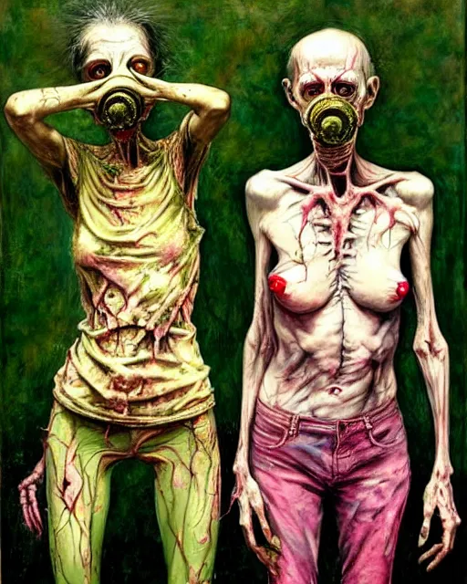 Prompt: two skinny old zombies, wearing gas masks, cinematic, dystopian, eerie, horror, gothic, draped in gold, green and pink, highly detailed painting by !!!Jenny Saville!!!, Esao Andrews, (((Francis Bacon))), Edward Hopper, surrealism, art by Takato Yamamoto and James Jean