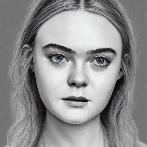 Prompt: professional painting of Elle Fanning in the style of Edward Okuń, head and shoulders portrait, symmetrical facial features, smooth, sharp focus, illustration, intricate, stormy weather, extremely detailed masterpiece,