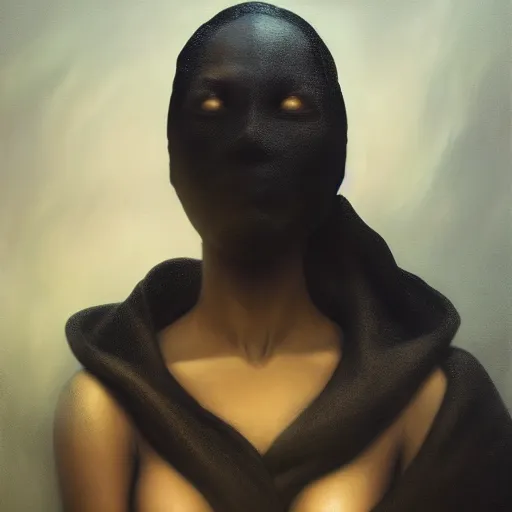 Image similar to a portrait of a young black woman wearing a long dark cloak, hood and shadows covering face, anatomically correct, beautiful face, enigmatic, oil painting, matte painting, black background, Volumetric Golden dappled dynamic lighting, Highly Detailed, Cinematic Lighting, Unreal Engine, 8k, HD, by Beksinski