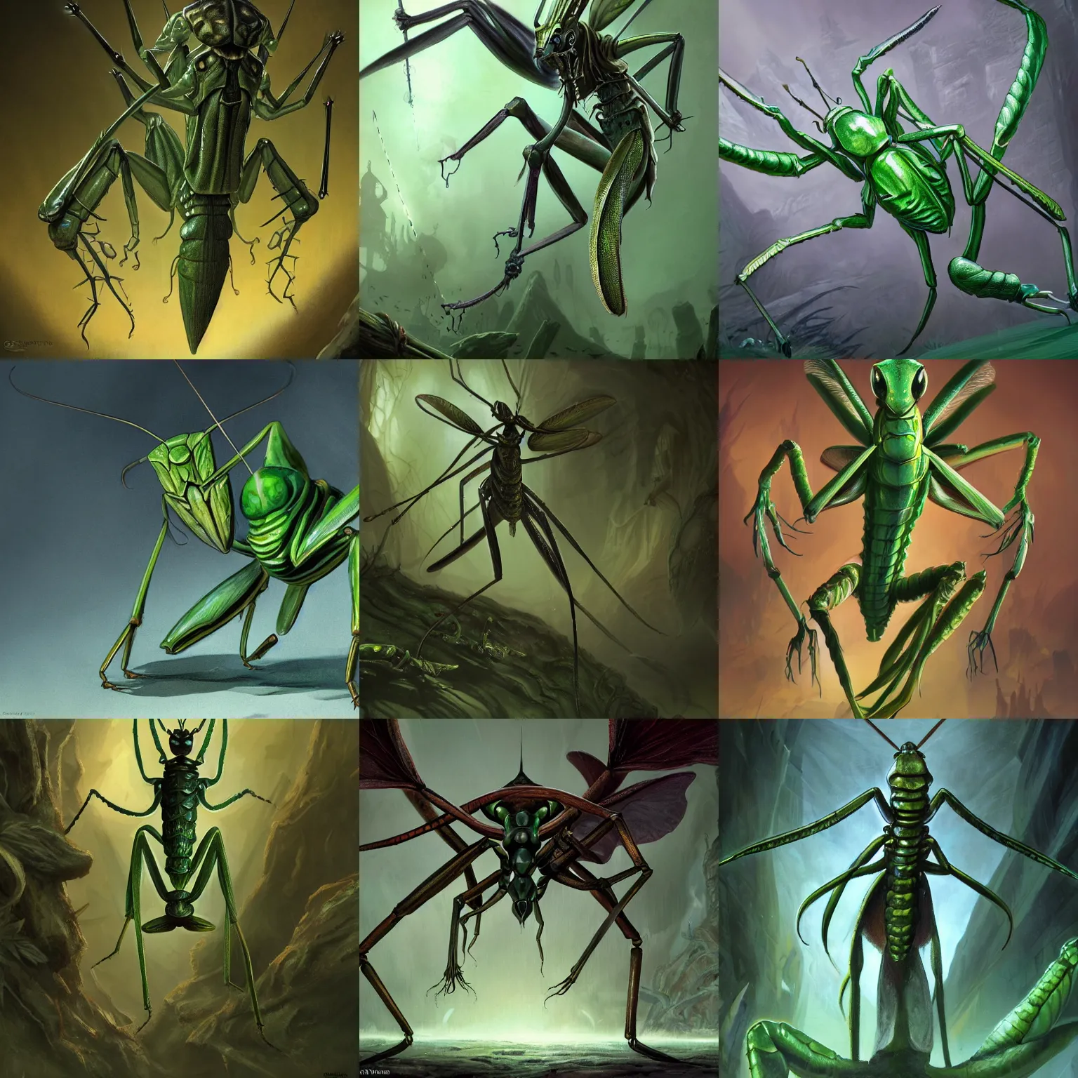 Prompt: full shot of green human - sized mantis religiosa as a d & d rogue ; 6 legs ; hestiastula head with antennae ; mantid features ; medieval ; elegant ; mtg design ; fantasy drawing ; illustration ; artstation ; 8 k ; wallpapers ; heavy contrast ; cinematic art ; cgsociety ; art by greg rutkowski and alexander jansson