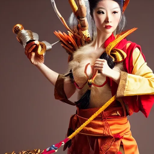 Prompt: a highly attractive woman dressed as the monkey king from the journey to the west, cosplay, studio lighting, 4k, aesthetic!!!