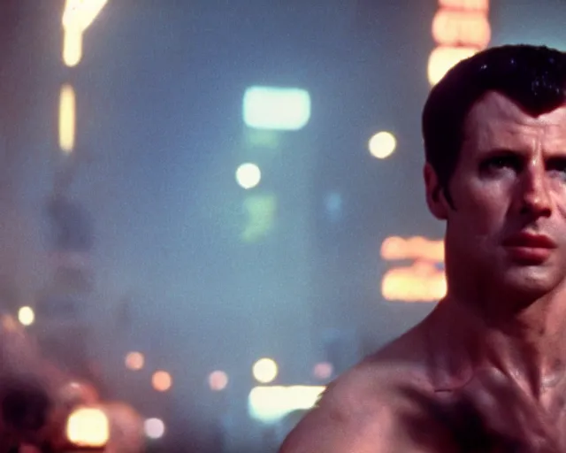 Prompt: a still of Johnny Silverhand in Blade Runner (1987), cinestill 800t,