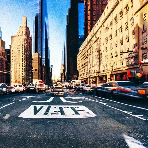 Image similar to a view of apocalyptic new york street from perspective of car window