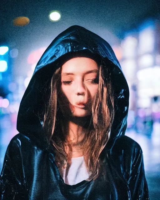 Image similar to a closeup portrait of as beautiful young woman wearing a transparent wet hoody standing in the middle of a busy night road, with lots on neon lights on the background, very backlit, moody feel, dramatic