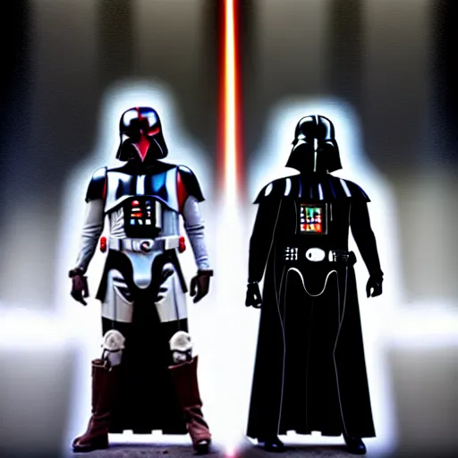 Image similar to darth vader and boba fett standing proudly shoulder to shoulder ultra realistic, lens flare, atmosphere, glow, detailed, intricate, full of colour, cinematic lighting, trending on artstation, 4 k, hyperrealistic, focused, extreme details, unreal engine 5, cinematic, masterpiece, ultra realistic, hyper realistic, highly detailed, sharp focus, digital art