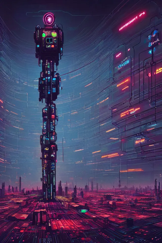 Prompt: cyberpunk mechatower made out of billions of stacked computer screens by simon stalenhag, el bosco and dan mumford, omnipresent ai god, mass effect fantasy, cinematic lighting