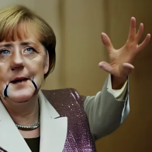 Image similar to A still of Angela Merkel wearing a disco suit in Saturday Night Fever