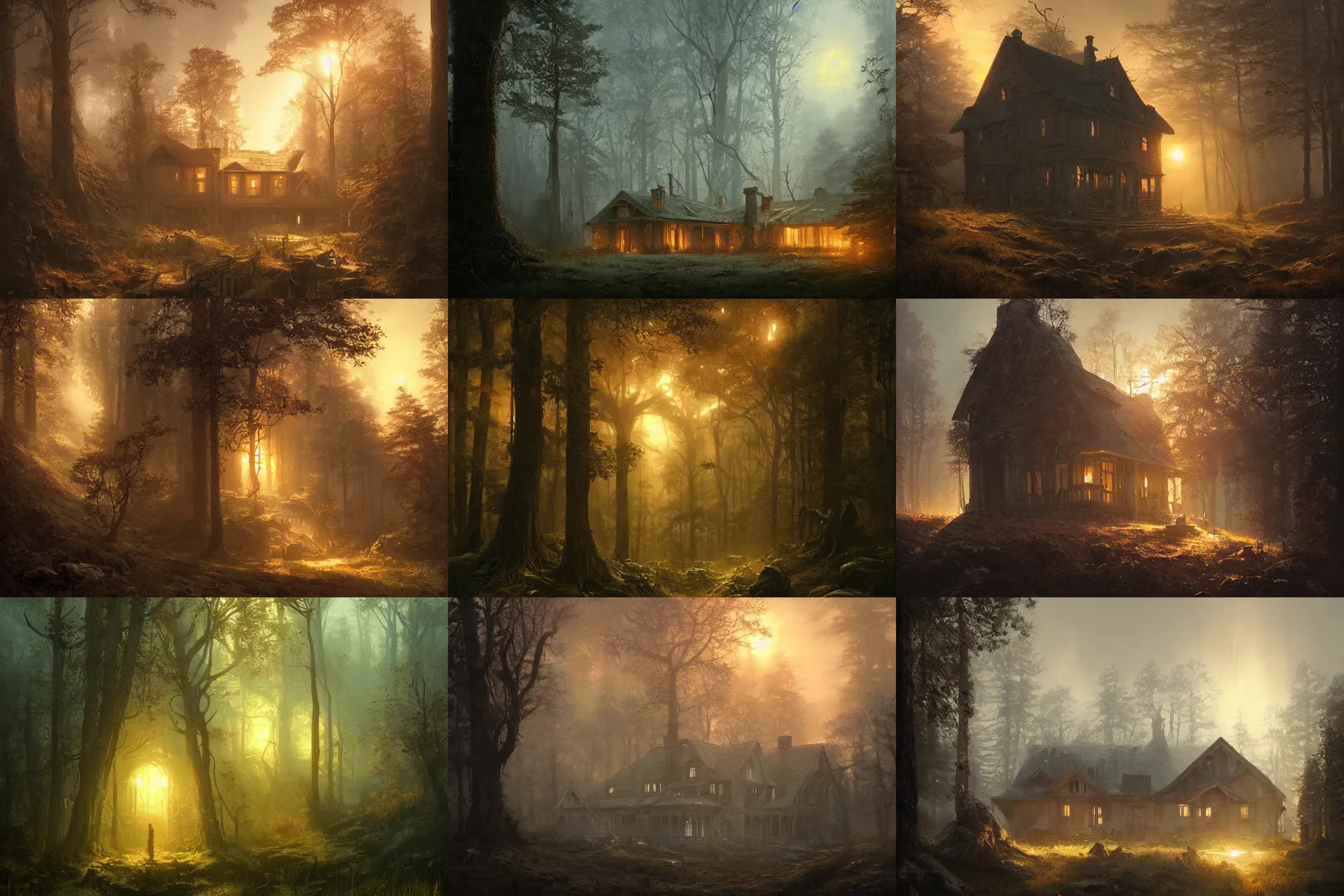 Prompt: Old house in the forest, lit by the light of gods, sunrise, year 2100, hyper detailed, artstation, cgsociety by greg rutkowski and by Gustave Dore