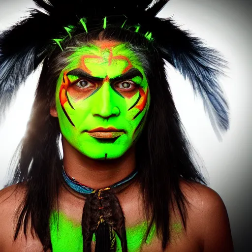 Prompt: portrait of an native chieftain with neon glow - in - the - dark face - paint, the chieftain is staring into the camera ominously, realistic photo, studio lighting, low lighting
