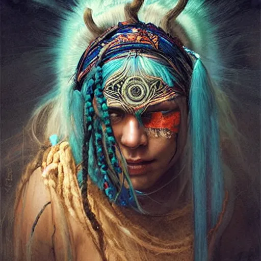 Image similar to A young blindfolded shaman woman with a decorated headband, in the style of heilung, blue hair dreadlocks and wood on her head, atmospheric lighting, intricate detail, cgsociety, ambient light, dynamic lighting, art by karol bak