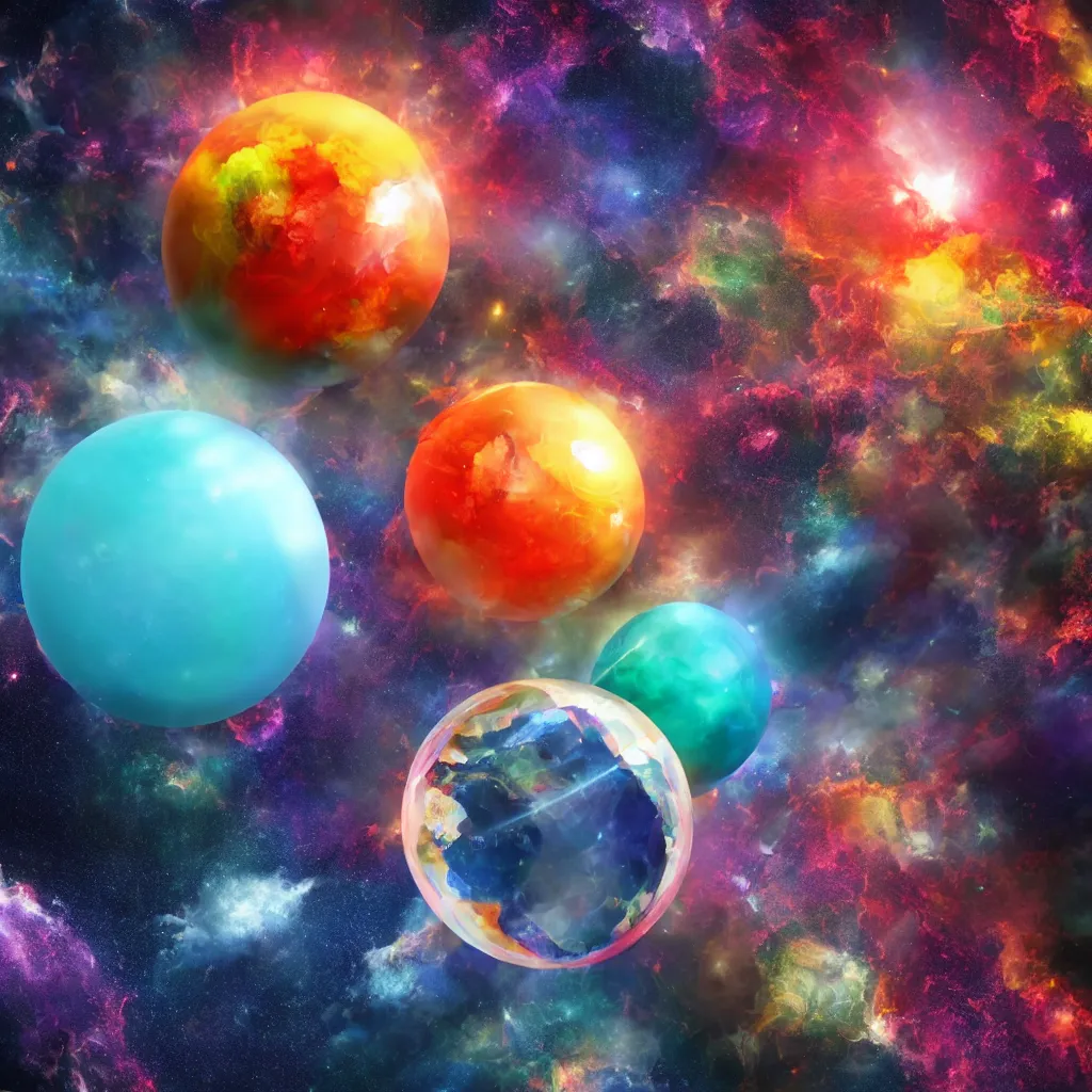 Prompt: 3 d render of a colorful sphere breaking to pieces in space