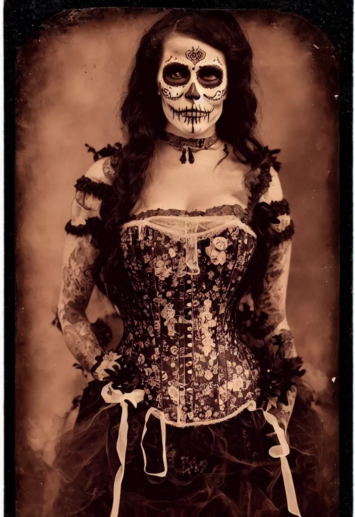 Image similar to tintype full body view, woman veiled dia de muertos dress and make up, corset garters and stockings, horrific beautiful vibe, evocative, atmospheric lighting, painted, intricate, highly detailed,